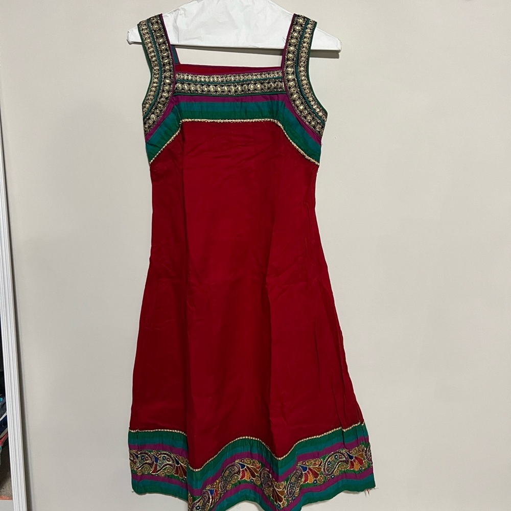 Indian Pakistani red teal anarkali 3 pc salwar suit dress